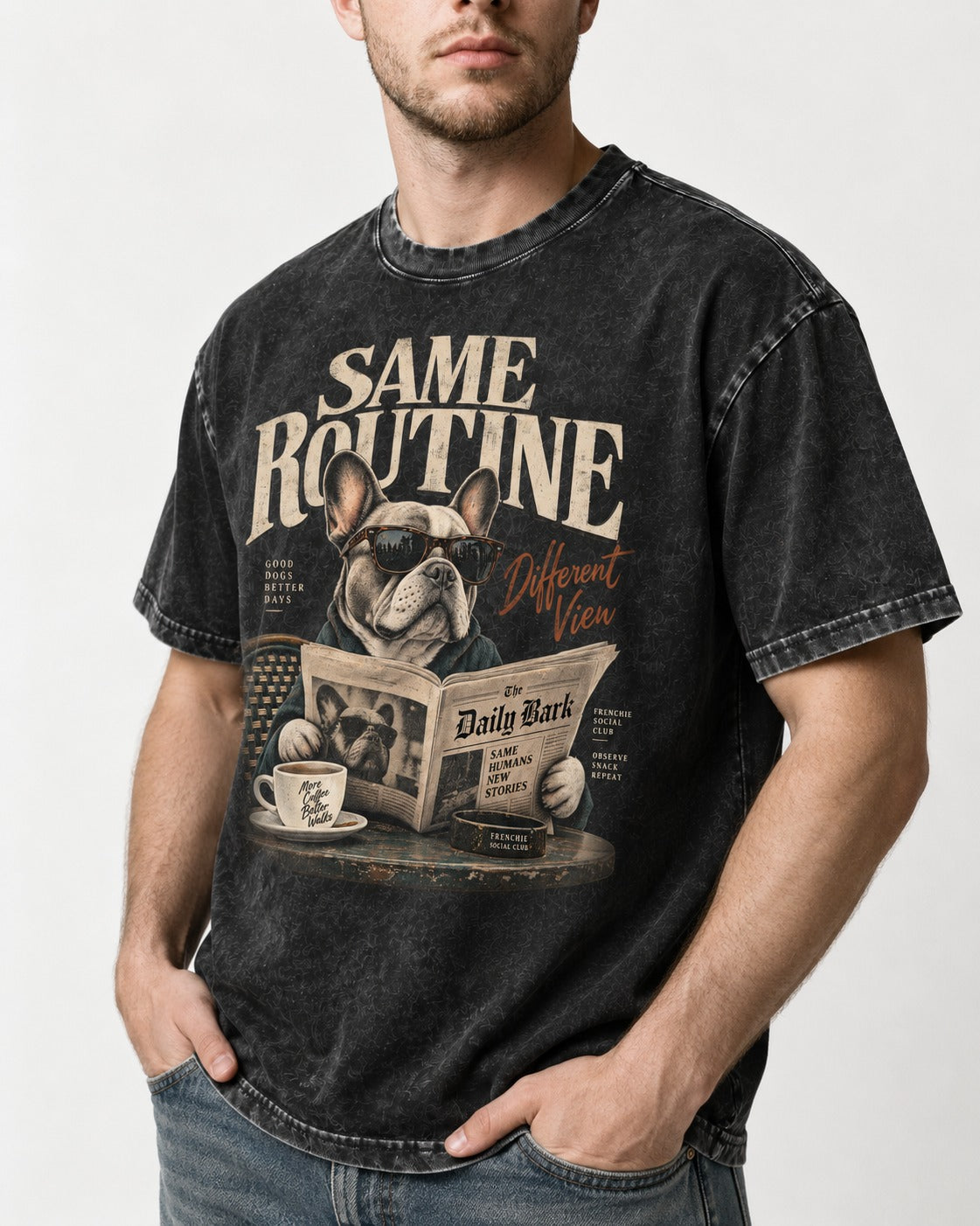 Frenchie Same Routine Different View Graphic Washed Tee in Black, worn by a model, front view
