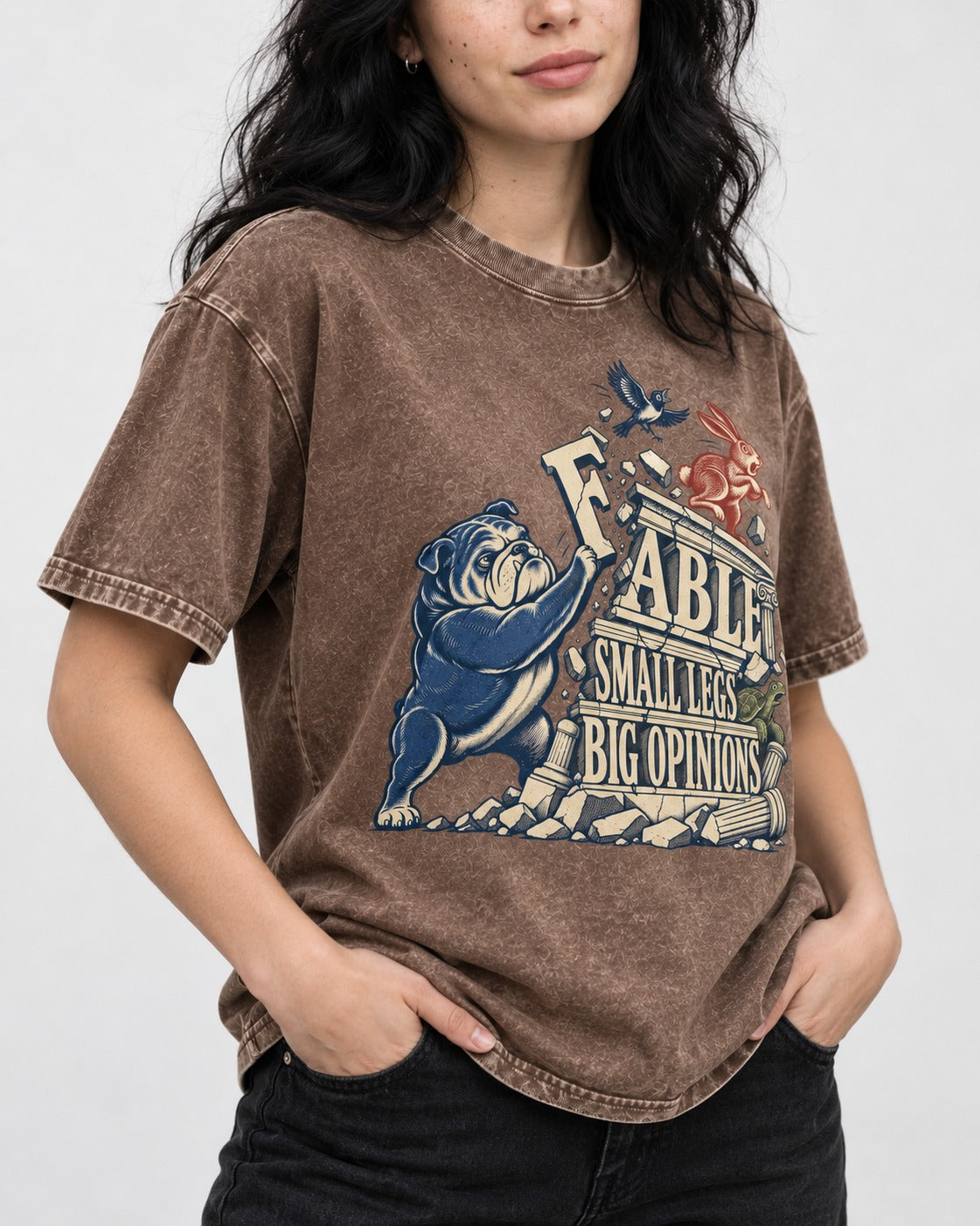 Small Legs Big Opinions English Bulldog Washed Tee in Coffee, worn by a model, front view