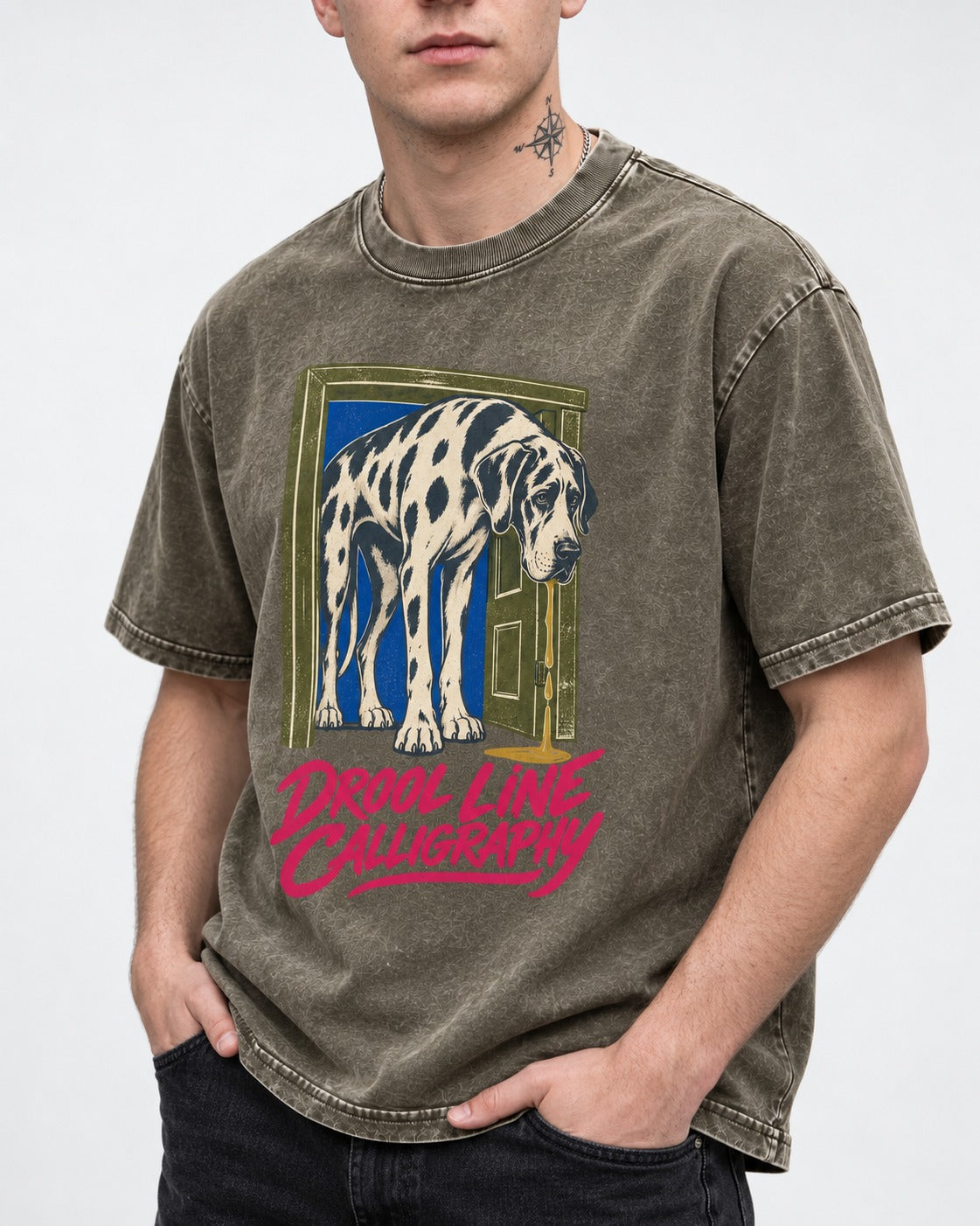Great Dane Drool Line Calligraphy Doorway Graphic Washed Tee in Army Green, worn by a model, front view