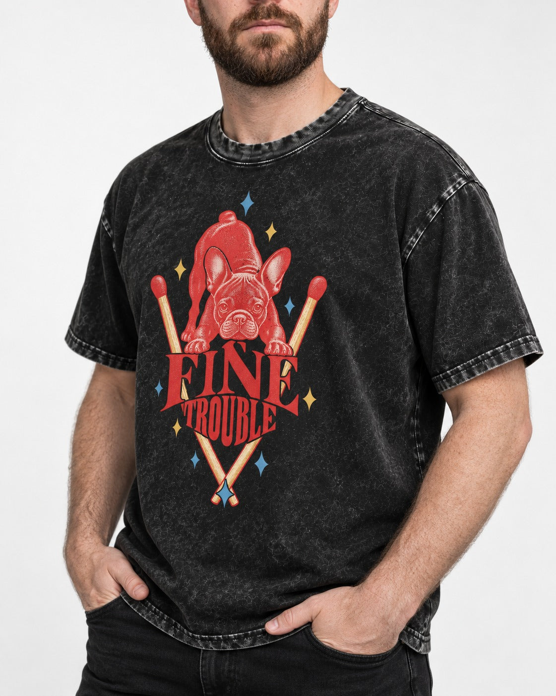 Fine Trouble Boston Terrier Matchstick Graphic Washed Tee in Black, worn by a model, front view