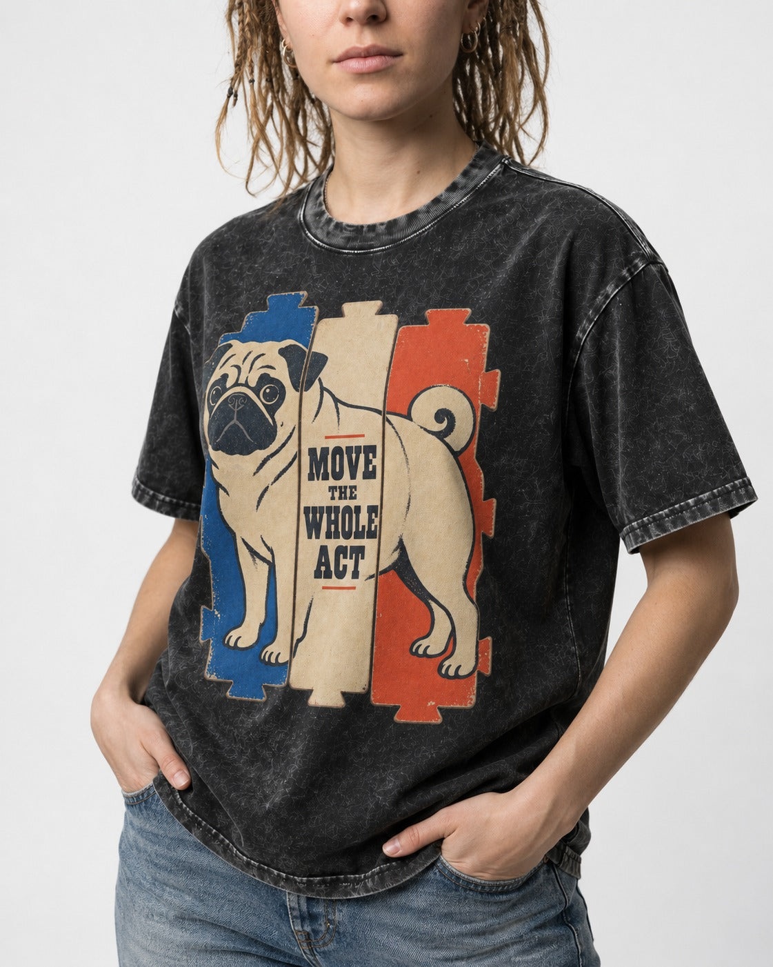 Pug Move the Whole Act Color Block Graphic Washed Tee in Black, worn by a model, front view