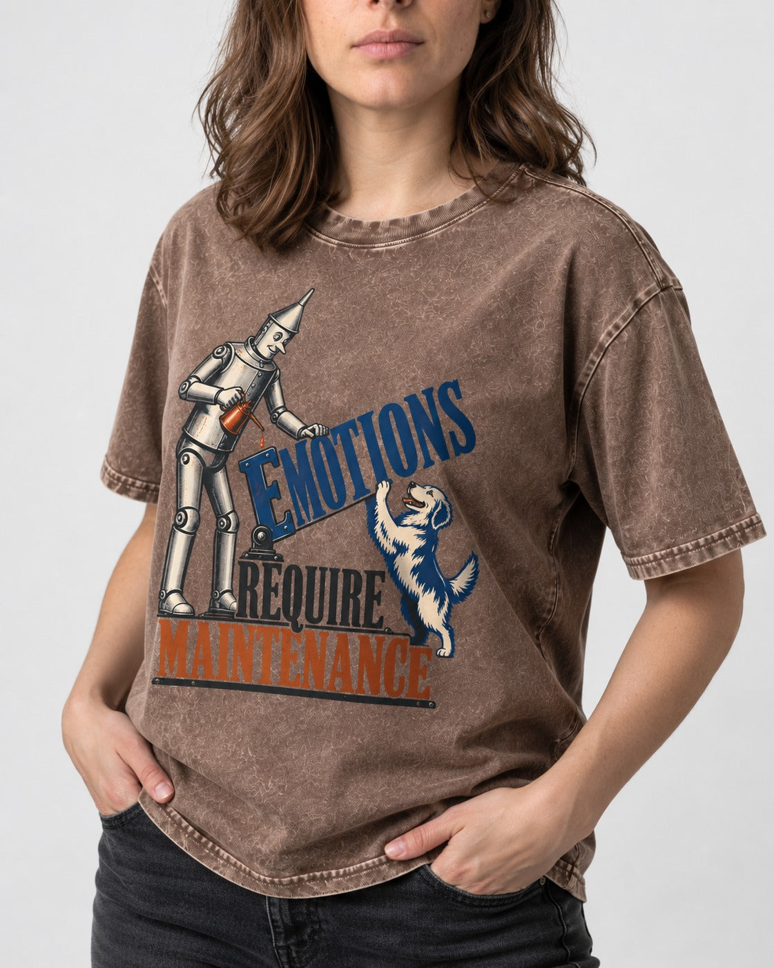 Golden Retriever Emotions Require Maintenance Washed Tee in Coffee, worn by a model, front view