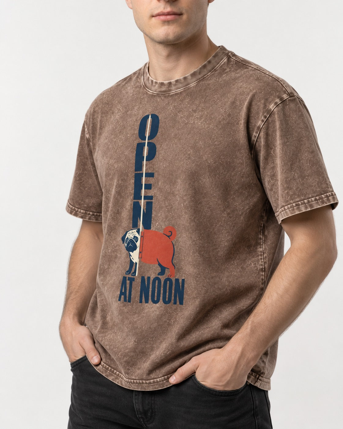 Pug Open at Noon Washed Tee in Coffee, worn by a model, front view