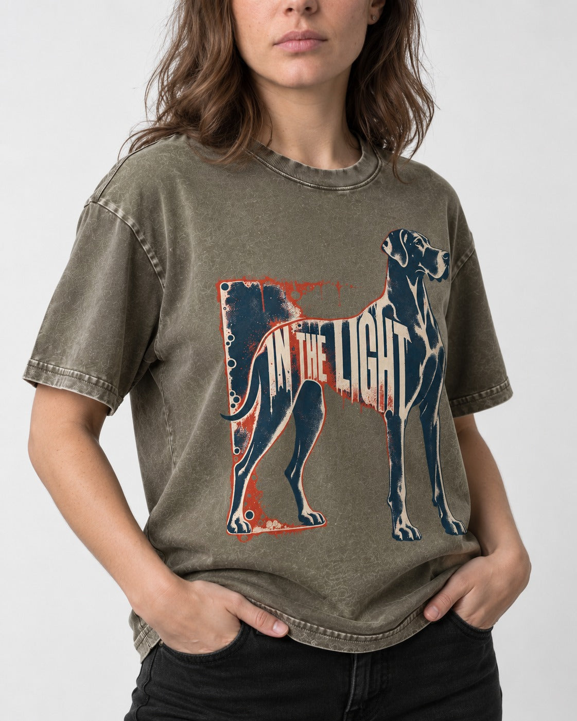 Great Dane In the Light Industrial Frame Graphic Washed Tee in Army Green, worn by a model, front view