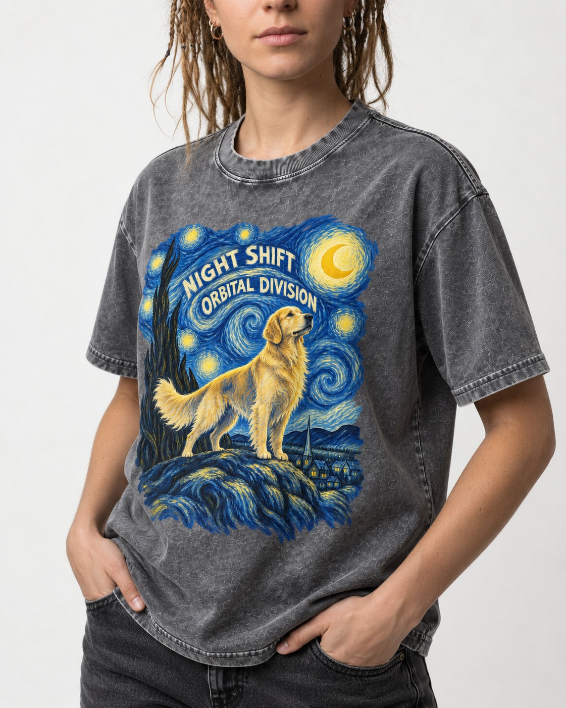 Night Shift Orbital Division Starry Night Golden Retriever Graphic Washed Tee in Gray, worn by a model, front view