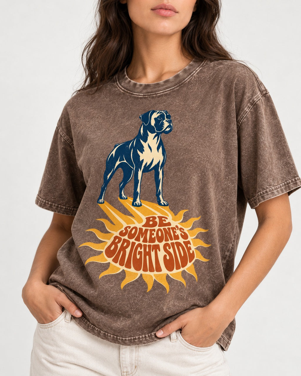 Boxer Be Someone's Bright Side Washed Tee in Coffee, worn by a model, front view