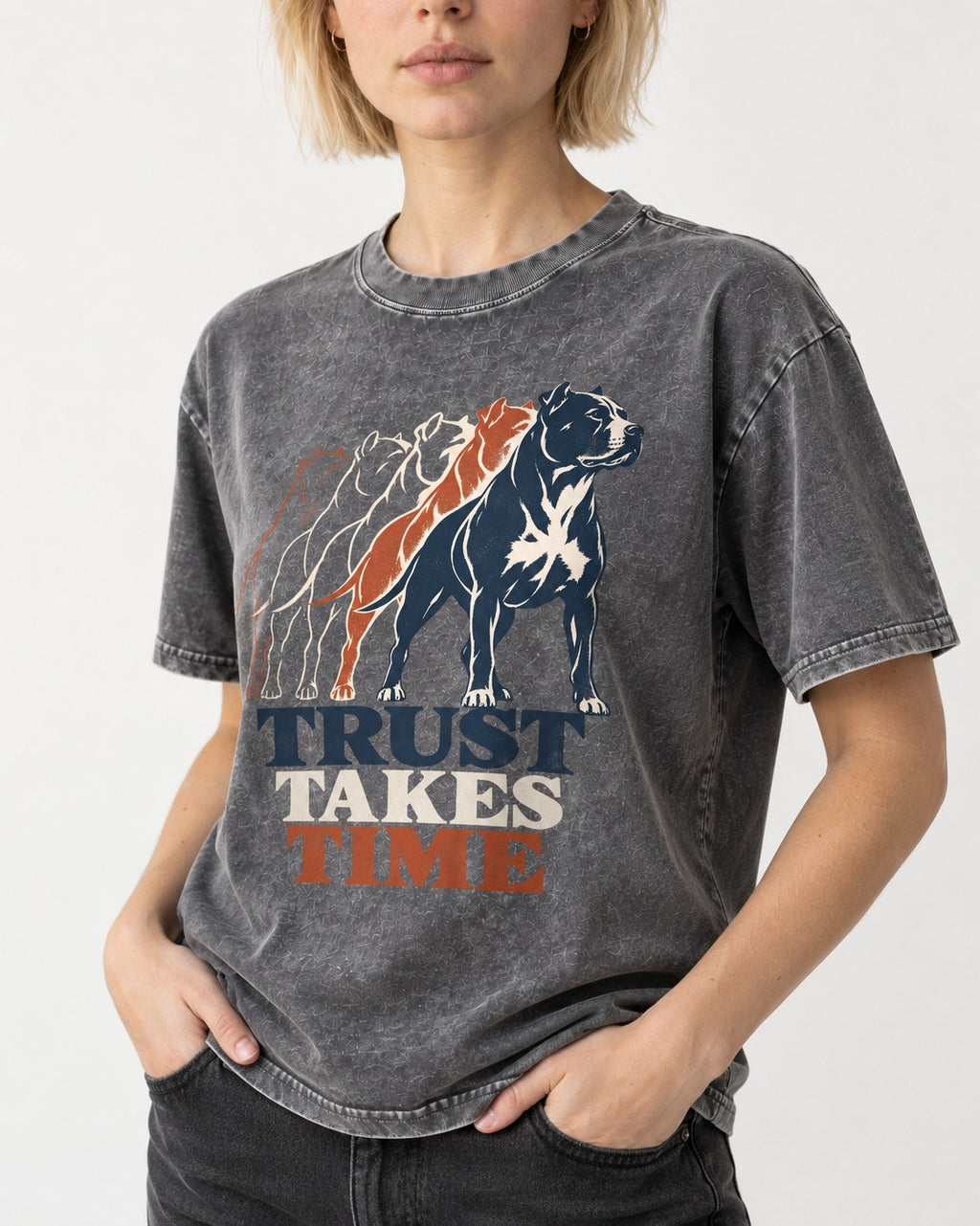 Pitbull Trust Takes Time Progression Graphic Washed Tee in Gray, worn by a model, front view