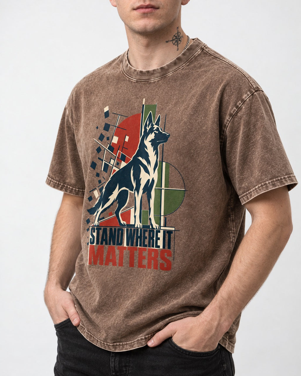 Stand Where It Matters German Shepherd Dog Washed Tee in Coffee, worn by a model, front view