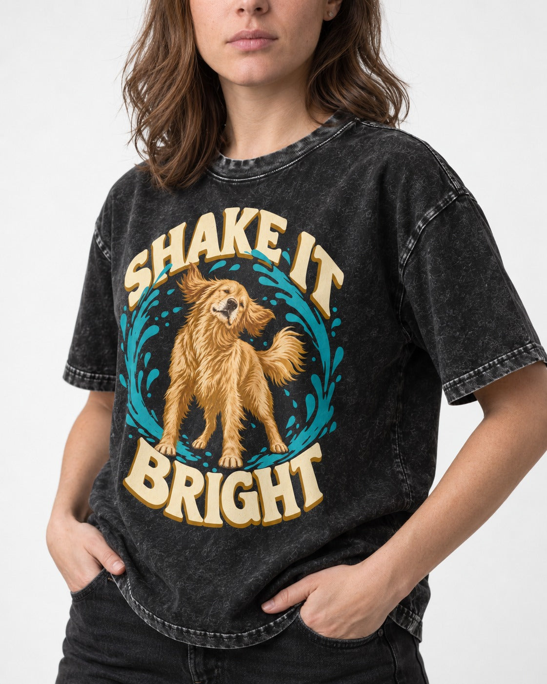 Golden Retriever Shake It Bright Water Ring Graphic Washed Tee in Black, worn by a model, front view