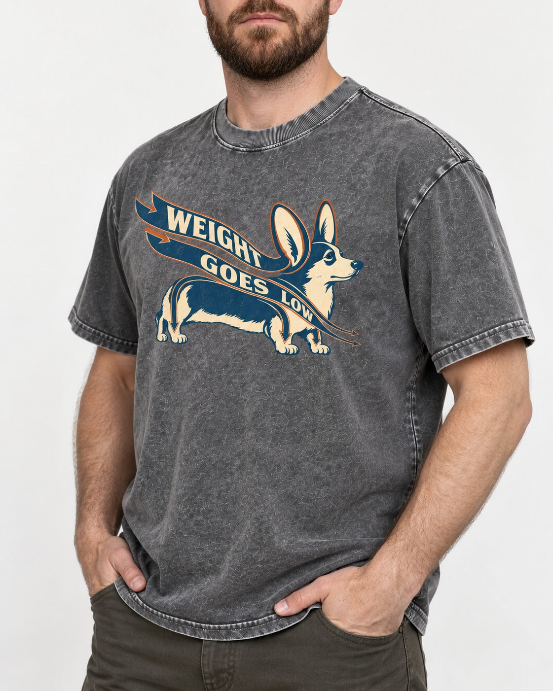 Corgi Weight Goes Low Ribbon Arrow Graphic Washed Tee in Gray, worn by a model, front view