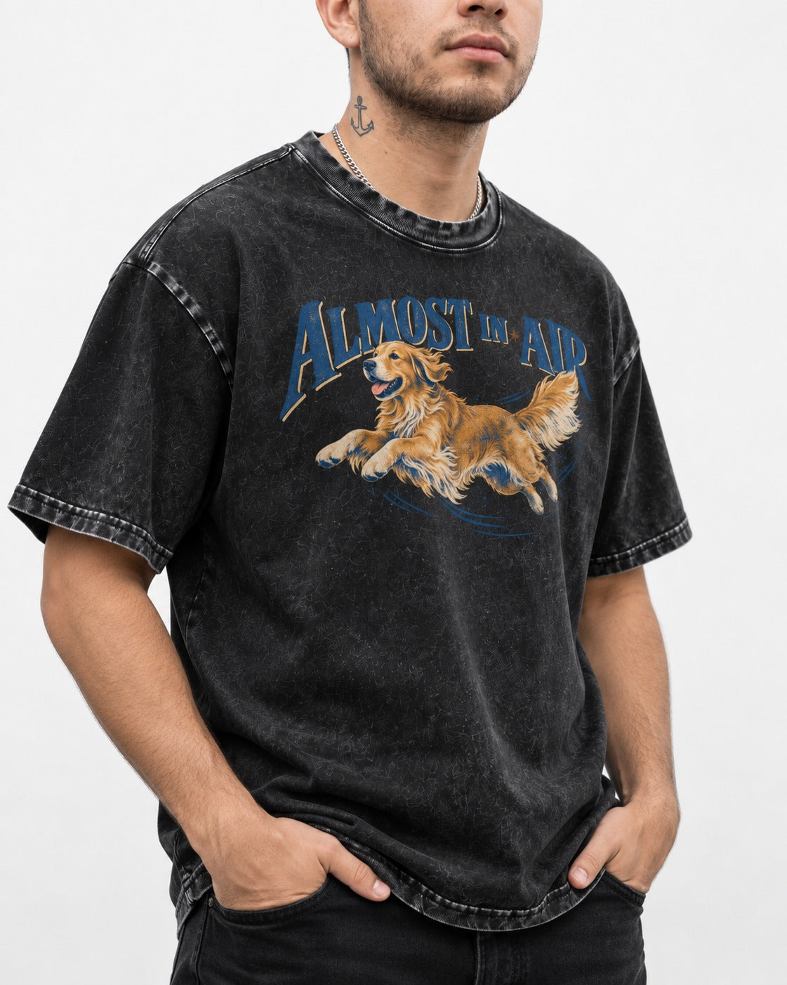 Golden Retriever Almost in Air Flying Graphic Washed Tee in Black, worn by a model, front view