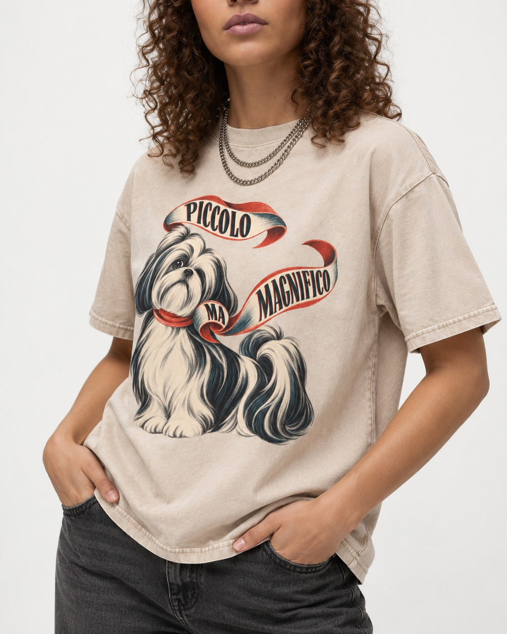 Piccolo Ma Magnifico Shih Tzu Washed Tee in Apricot, worn by a model, front view