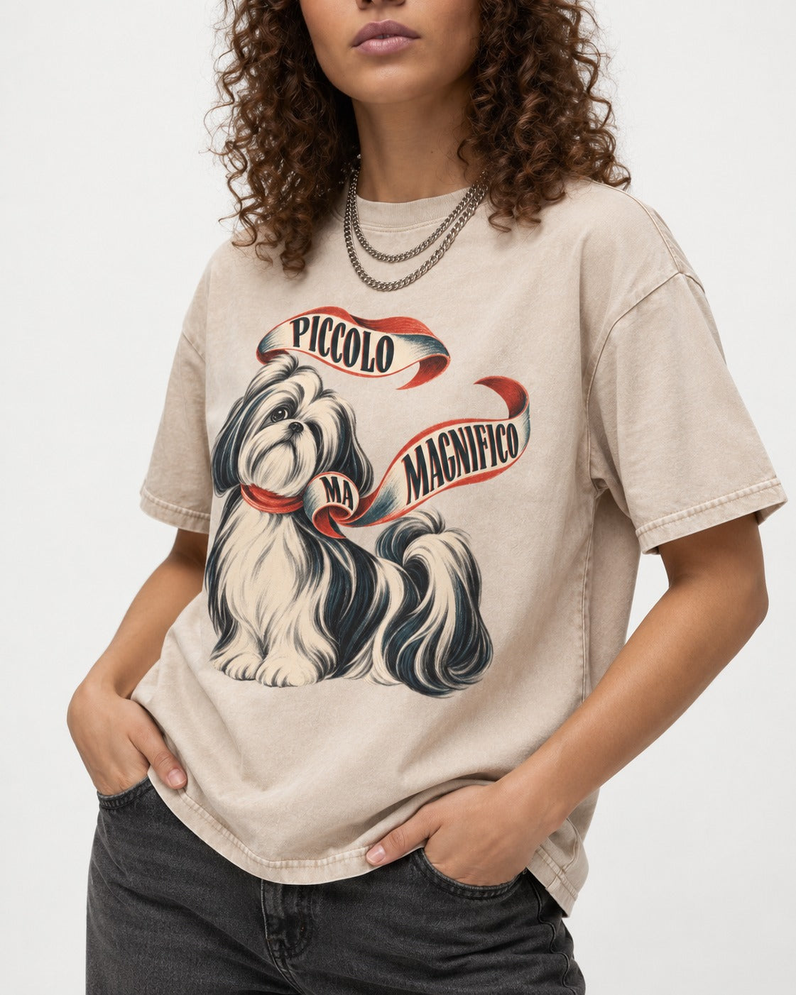 Piccolo Ma Magnifico Shih Tzu Washed Tee in Apricot, worn by a model, front view