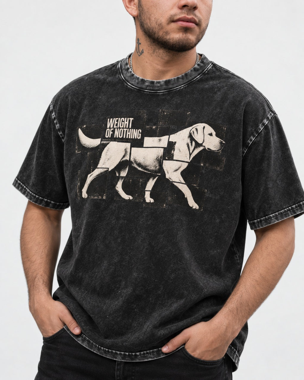 Labrador Retriever Weight of Nothing Fragmented Tile Graphic Washed Tee in Black, worn by a model, front view
