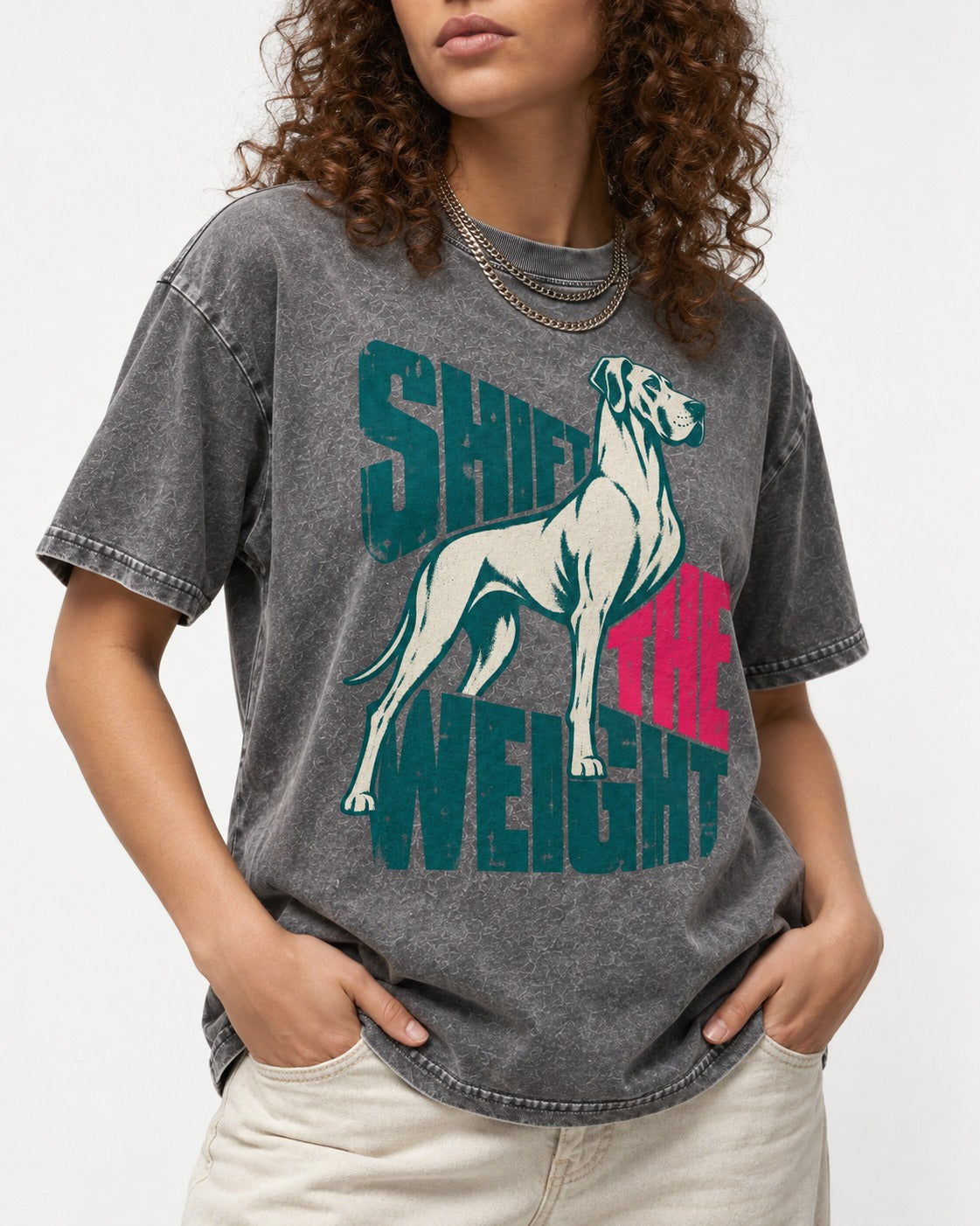 Great Dane Shift the Weight Standing Graphic Washed Tee in Gray, worn by a model, front view