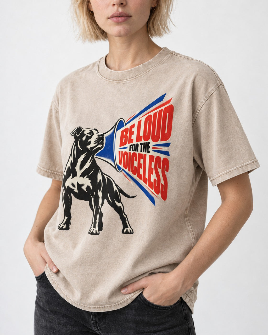 Pitbull For the Voiceless Washed Tee in Apricot, worn by a model, front view