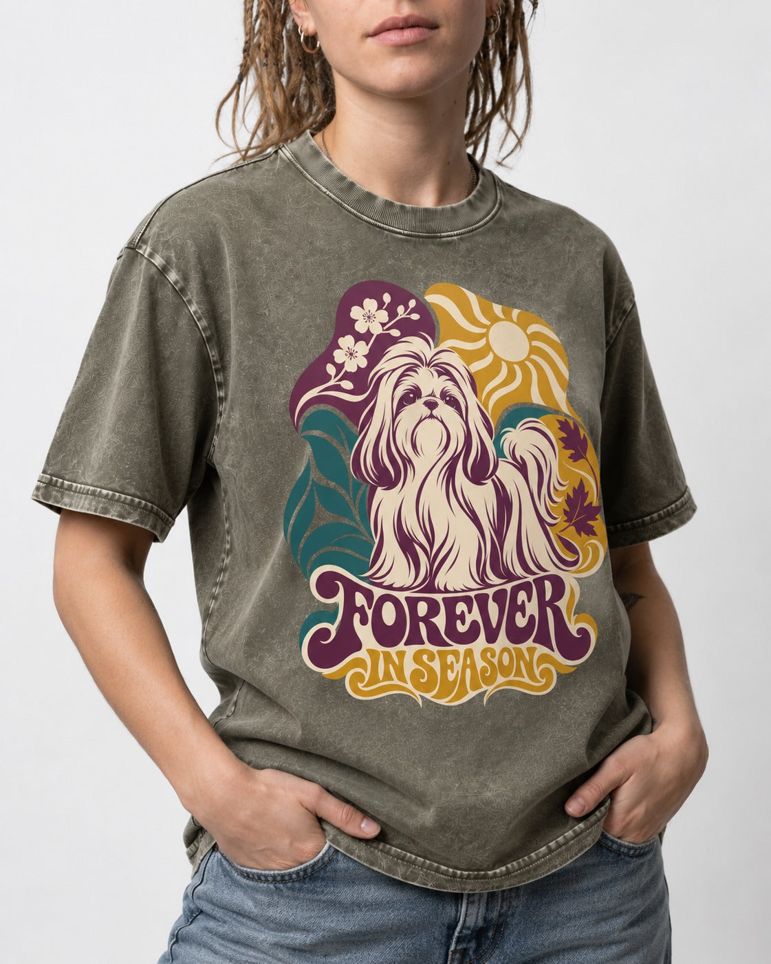 Shih Tzu Forever in Season Botanical Sun Graphic Washed Tee in Army Green, worn by a model, front view