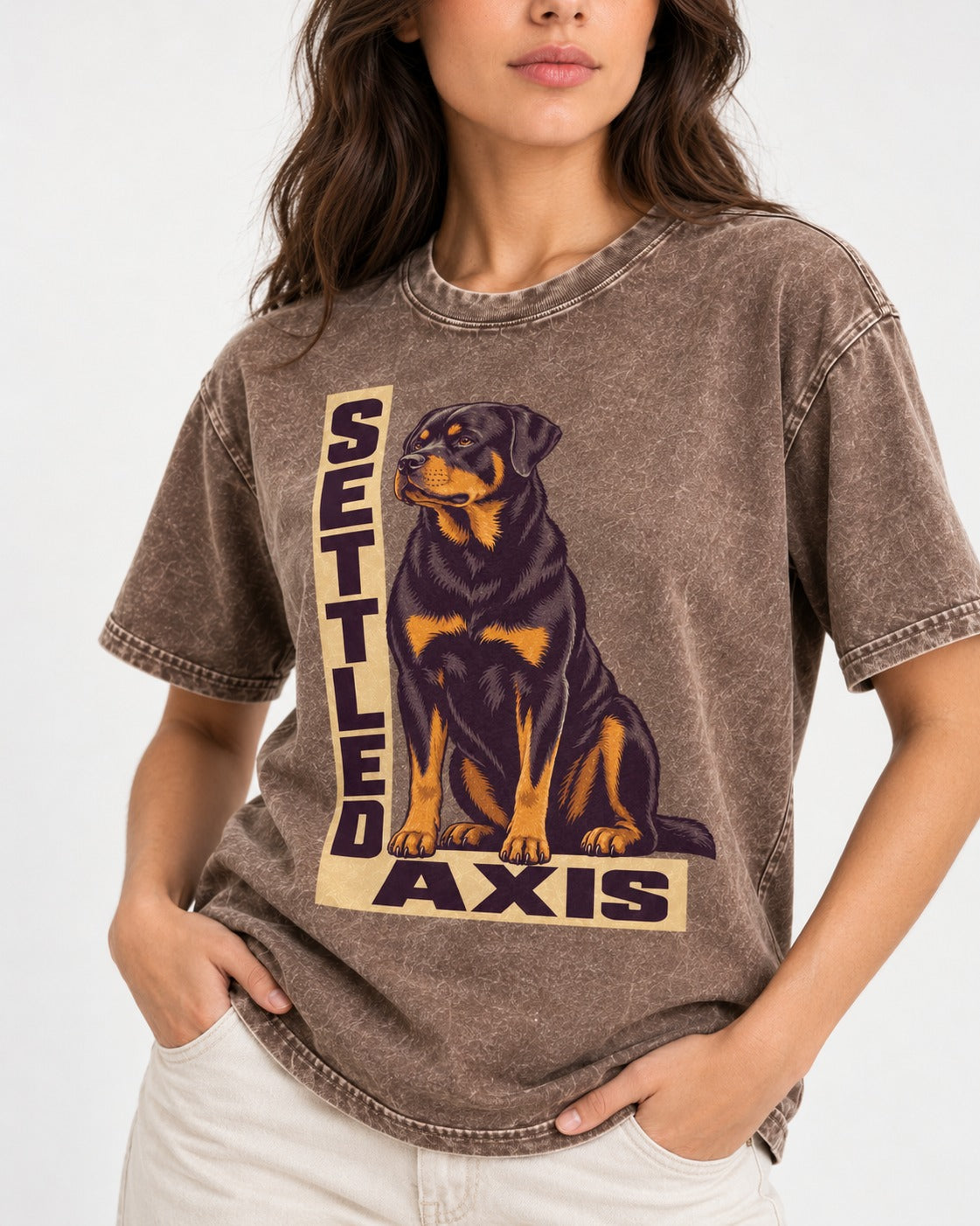 Settled Axis Rottweiler Washed Tee in Coffee, worn by a model, front view