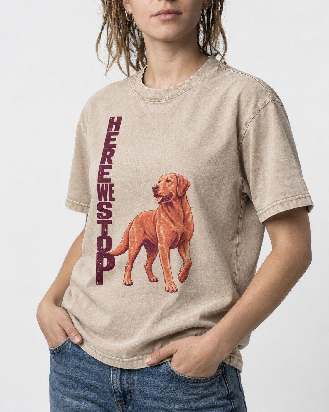 Here We Stop Labrador Retriever Washed Tee in Apricot, worn by a model, front view