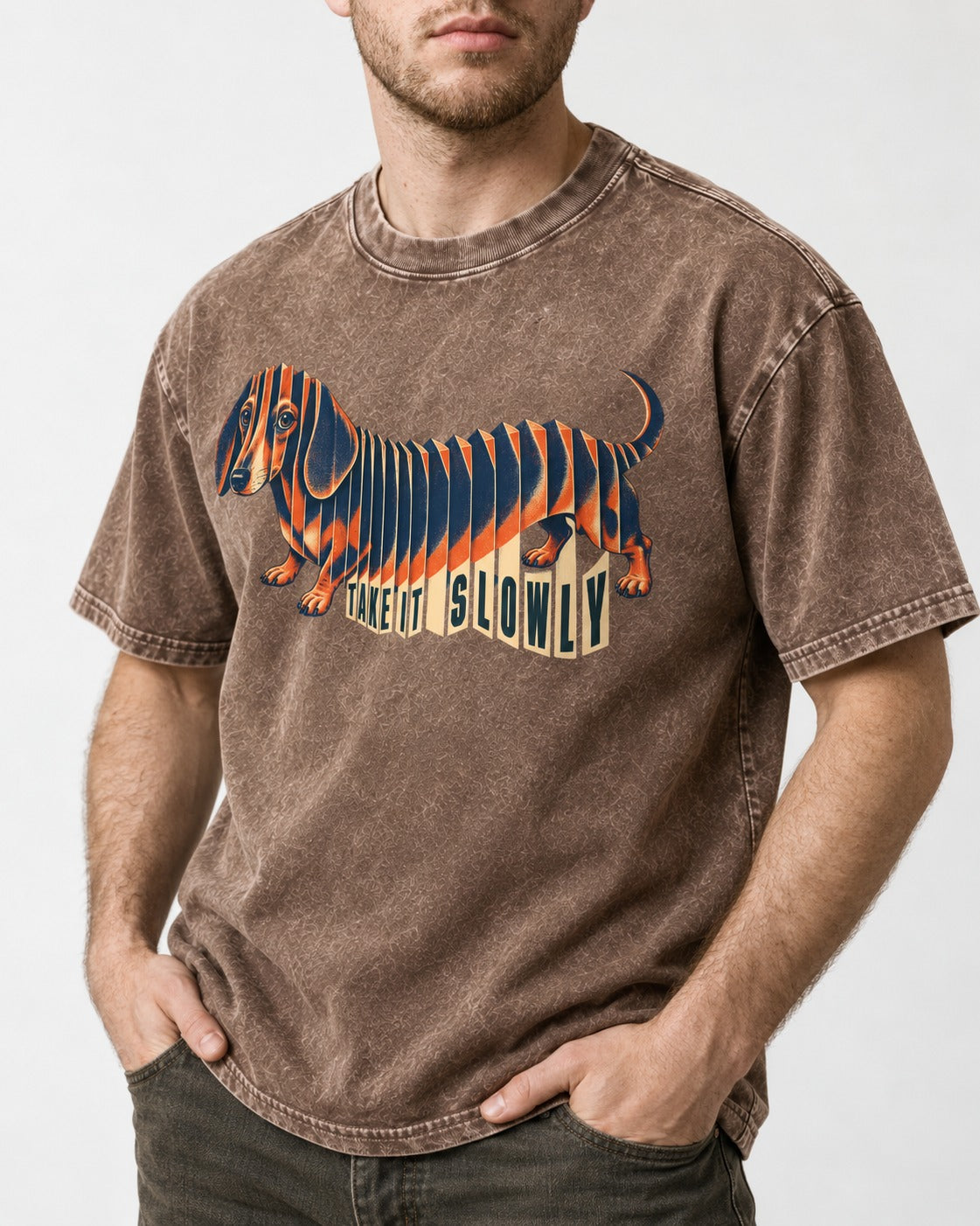 Take It Slowly Dachshund Washed Tee in Coffee, worn by a model, front view
