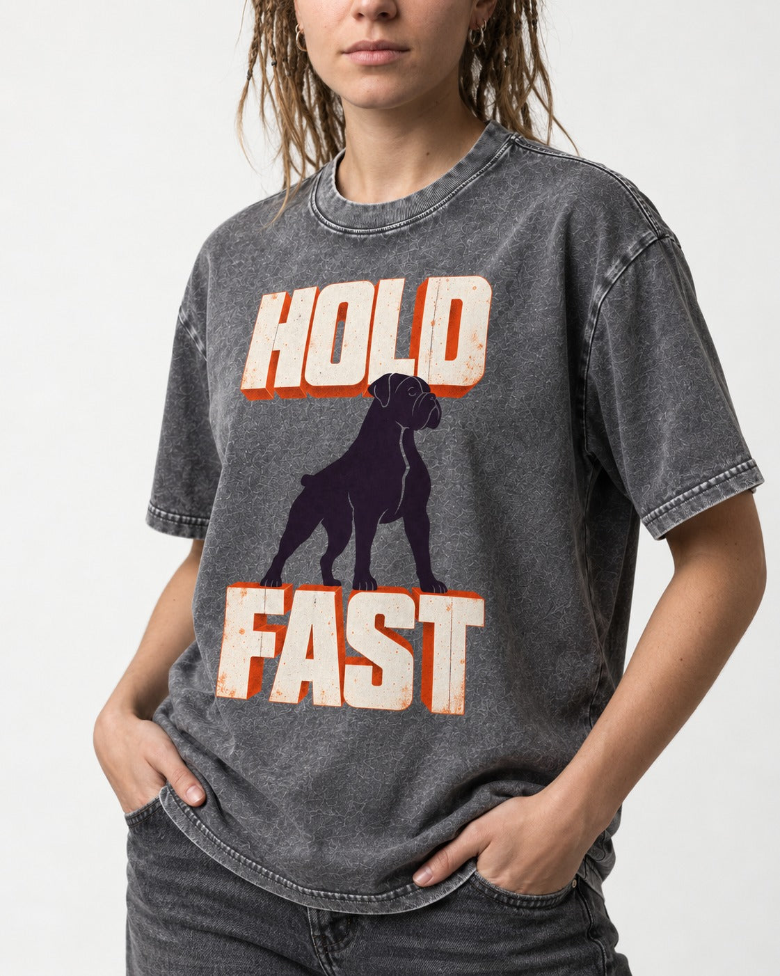 Hold Fast Boxer Typography Graphic Washed Tee in Gray, worn by a model, front view