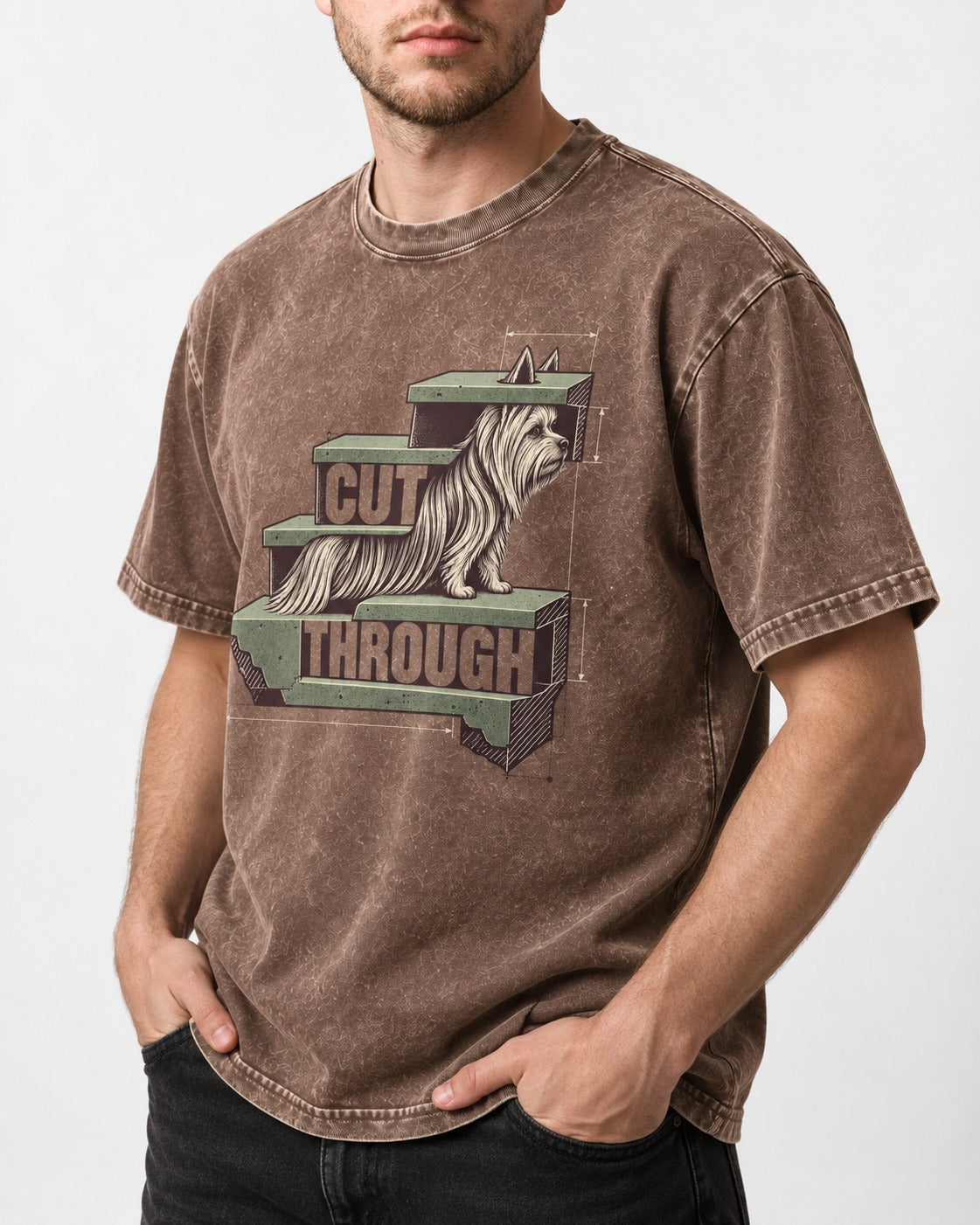 Yorkshire Terrier Cut Through Washed Tee in Coffee, worn by a model, front view