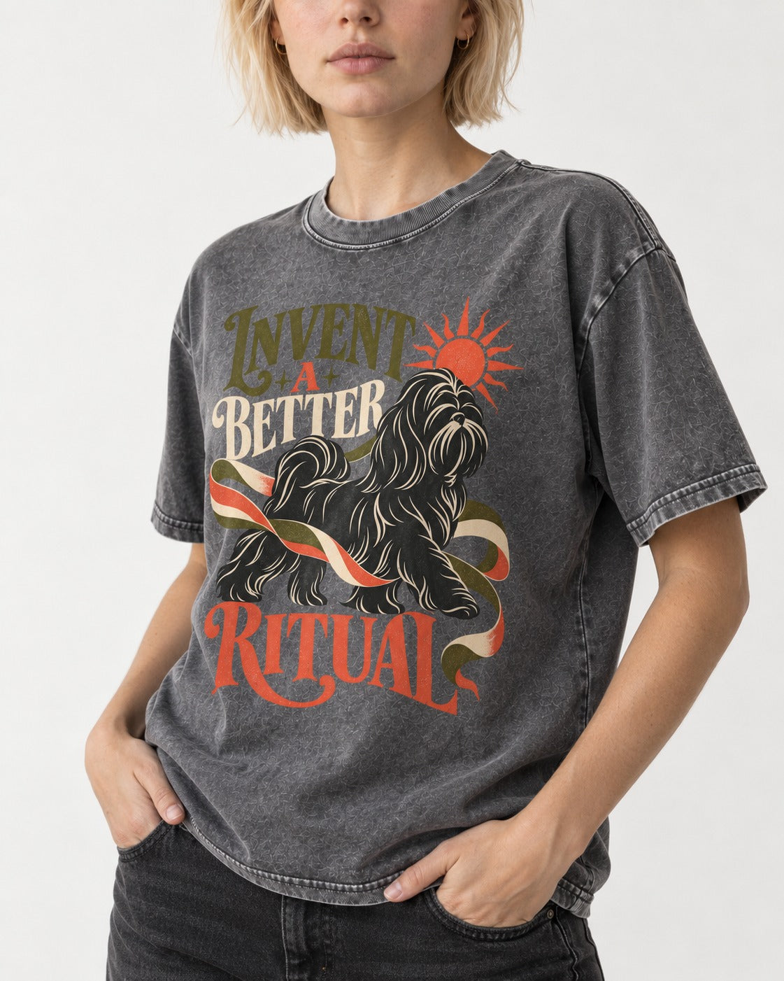 Shih Tzu Invent A Better Ritual Sunrise Ribbon Graphic Washed Tee in Gray, worn by a model, front view
