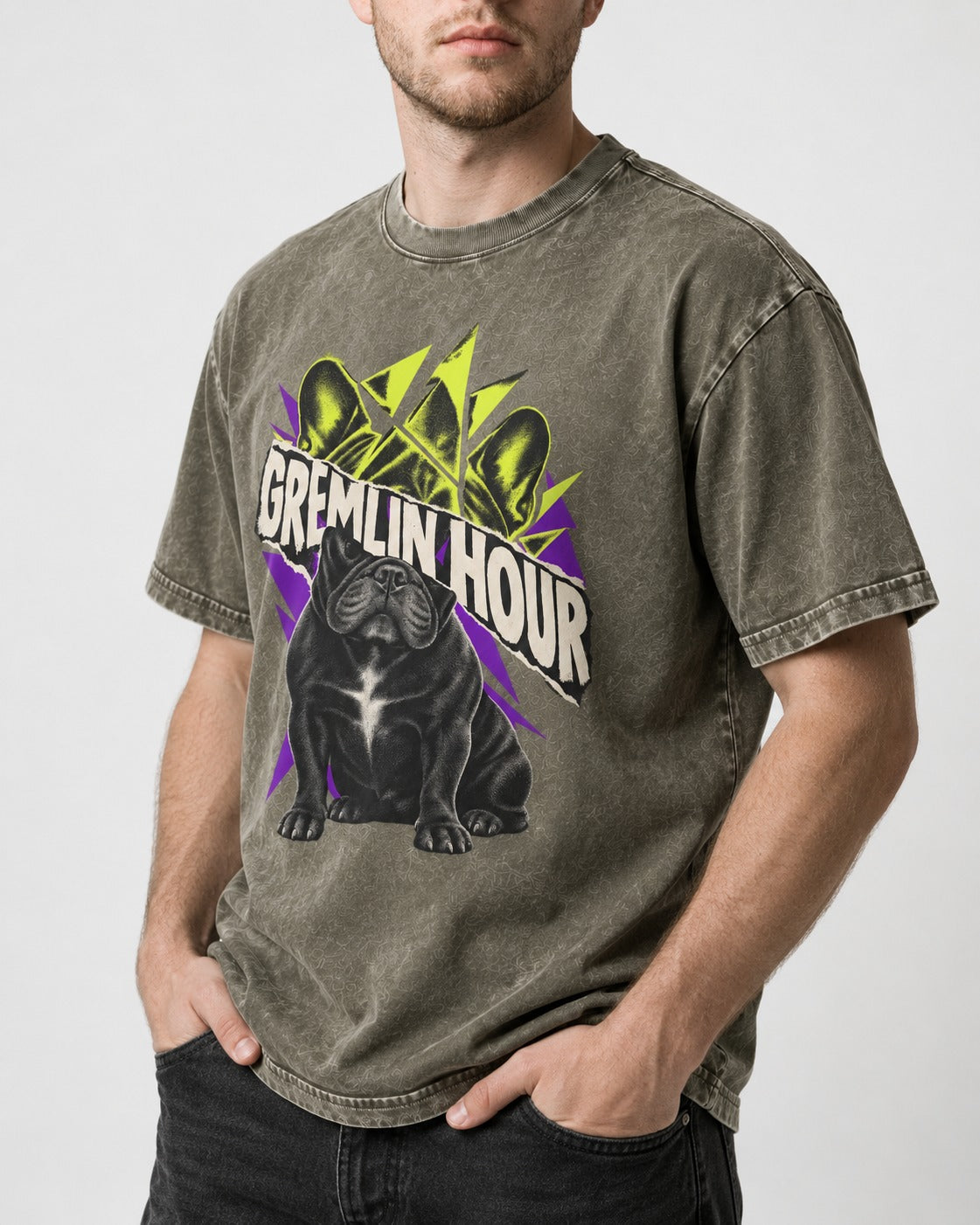 Frenchie Gremlin Hour Fracture Portrait Graphic Washed Tee in Army Green, worn by a model, front view