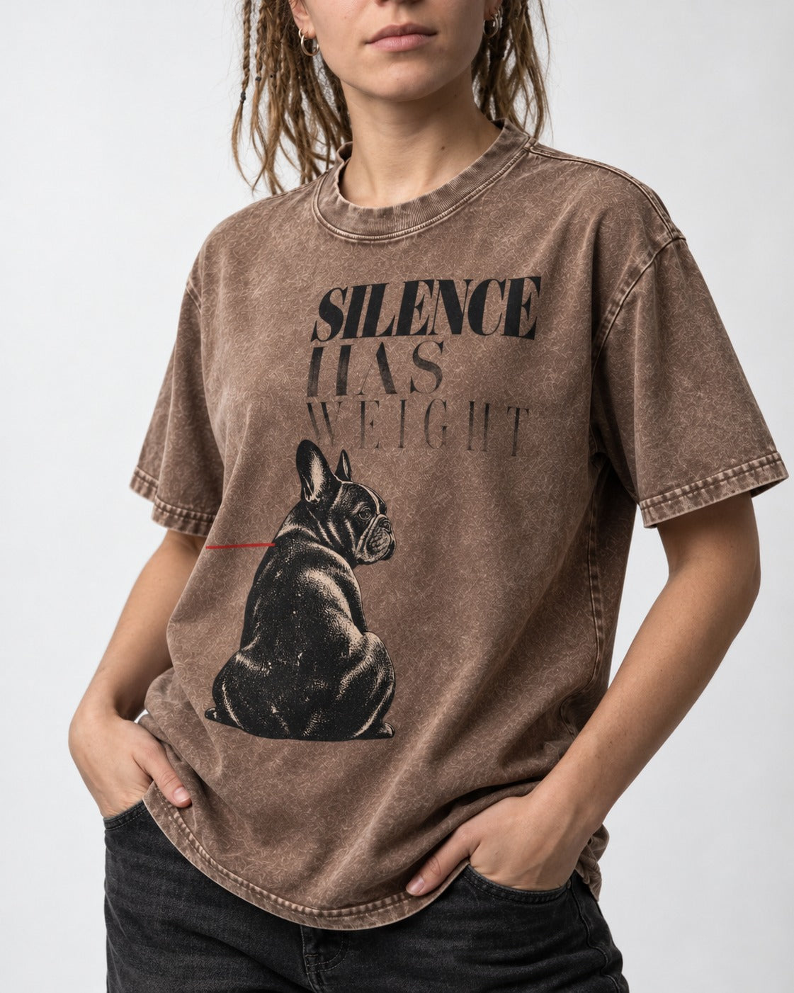 Silence Has Weight Frenchie Washed Tee in Coffee, worn by a model, front view