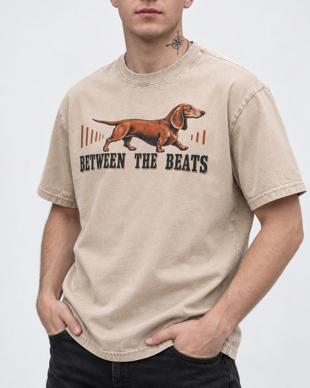Dachshund Between the Beats Washed Tee in Apricot, worn by a model, front view
