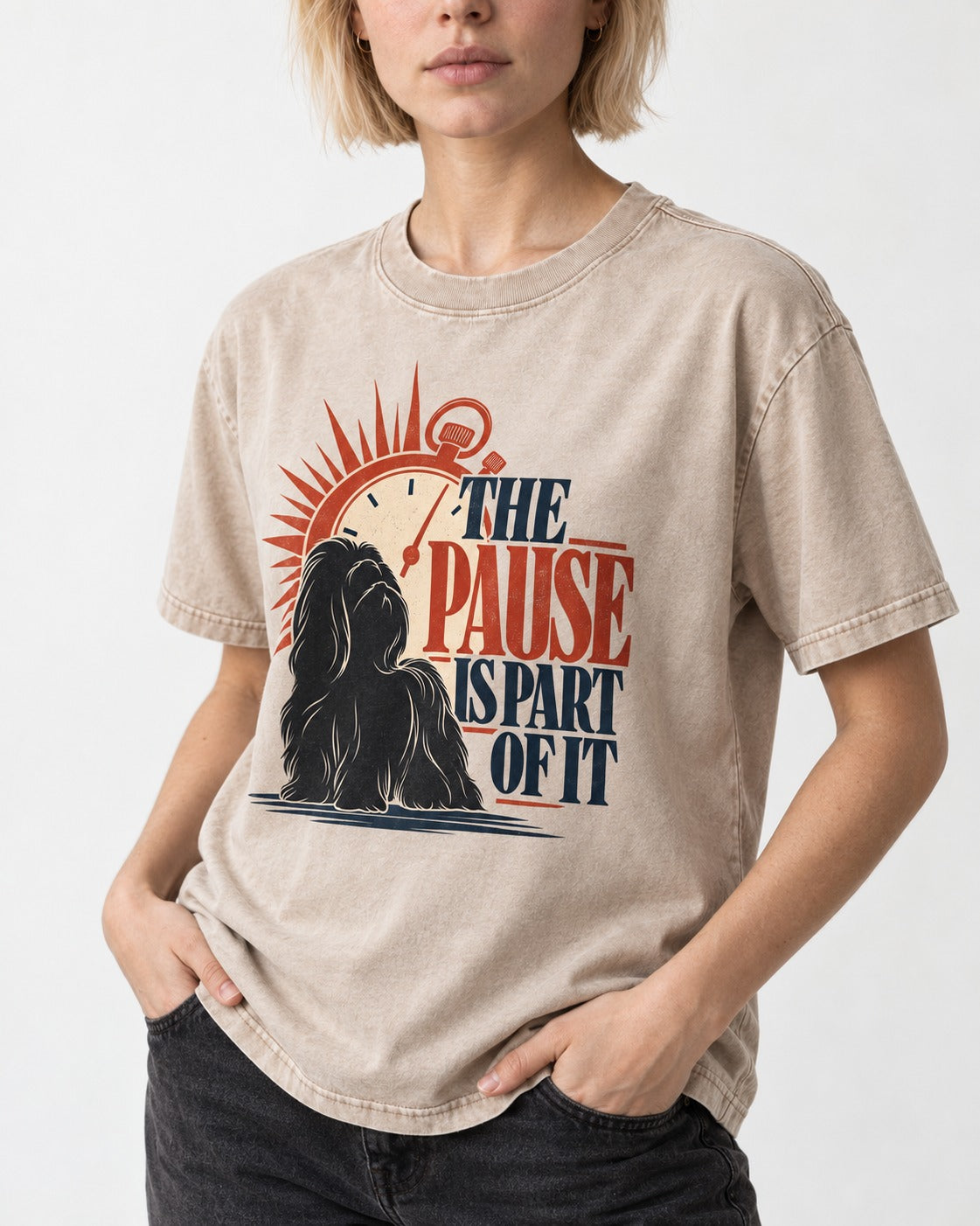 The Shih Tzu Pause Washed Tee in Apricot, worn by a model, front view