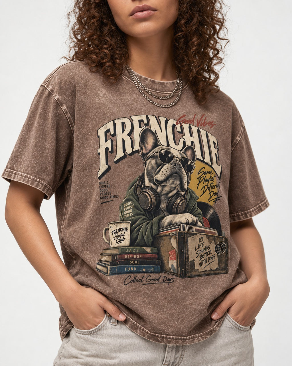 Frenchie Social Club Washed Tee in Coffee, worn by a model, front view