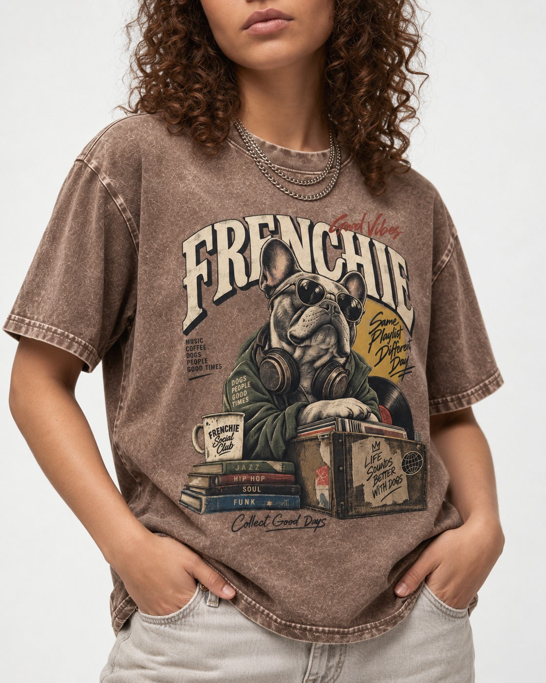 Frenchie Social Club Washed Tee in Coffee, worn by a model, front view