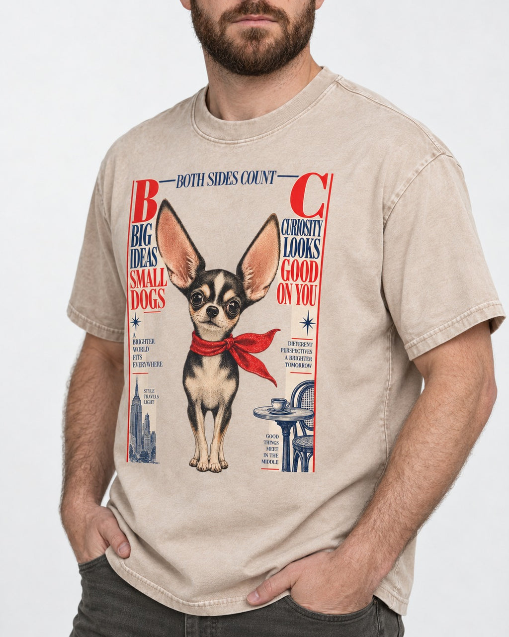 Chihuahua Big Ideas Washed Tee in Apricot, worn by a model, front view