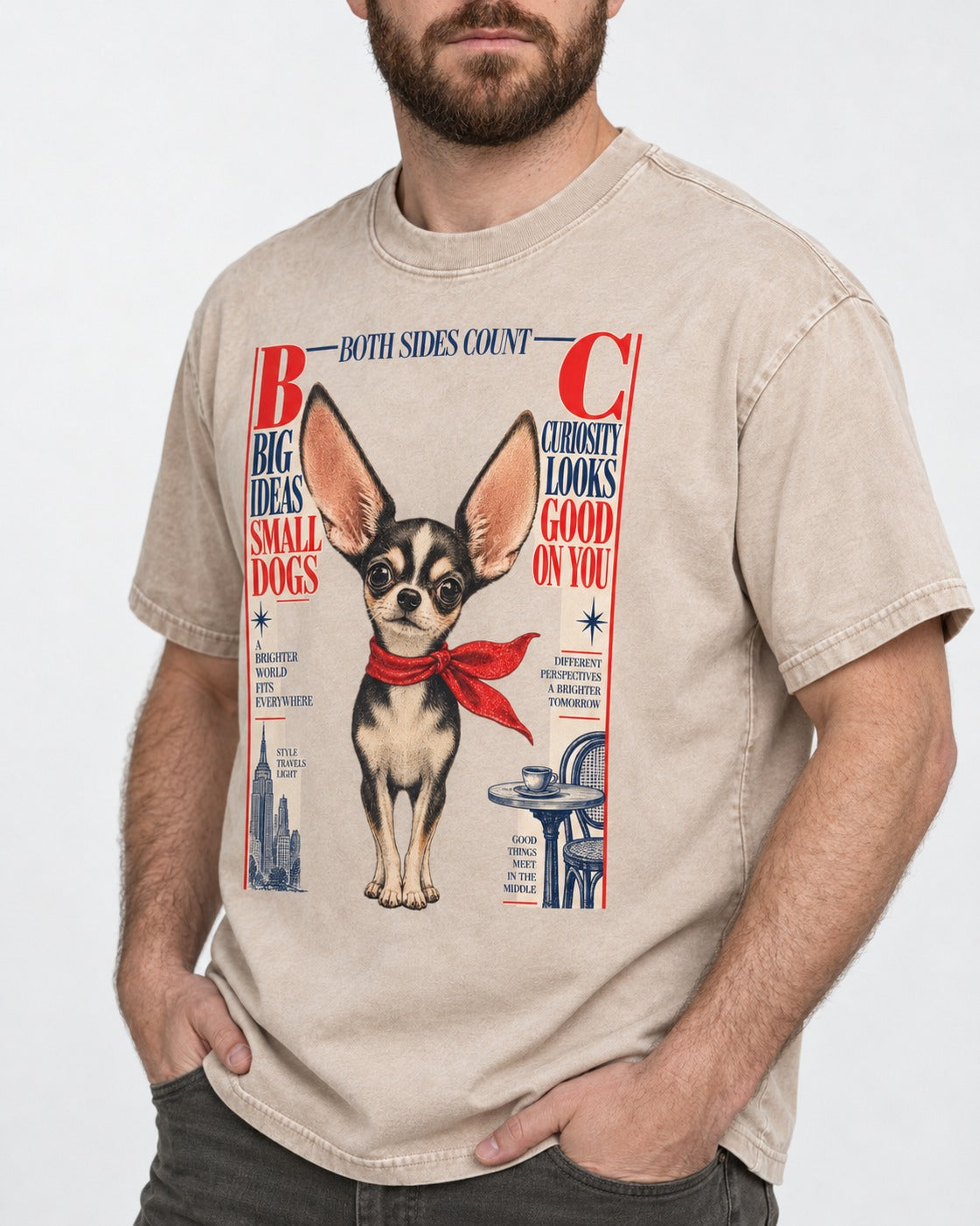 Chihuahua Big Ideas Washed Tee in Apricot, worn by a model, front view
