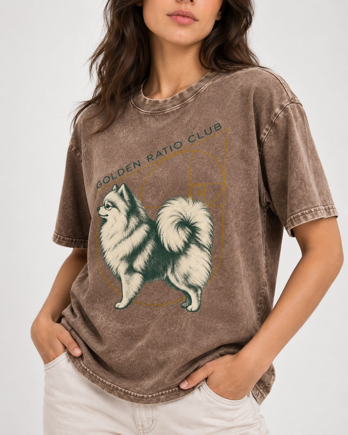 Pomeranian Golden Ratio Club Washed Tee in Coffee, worn by a model, front view