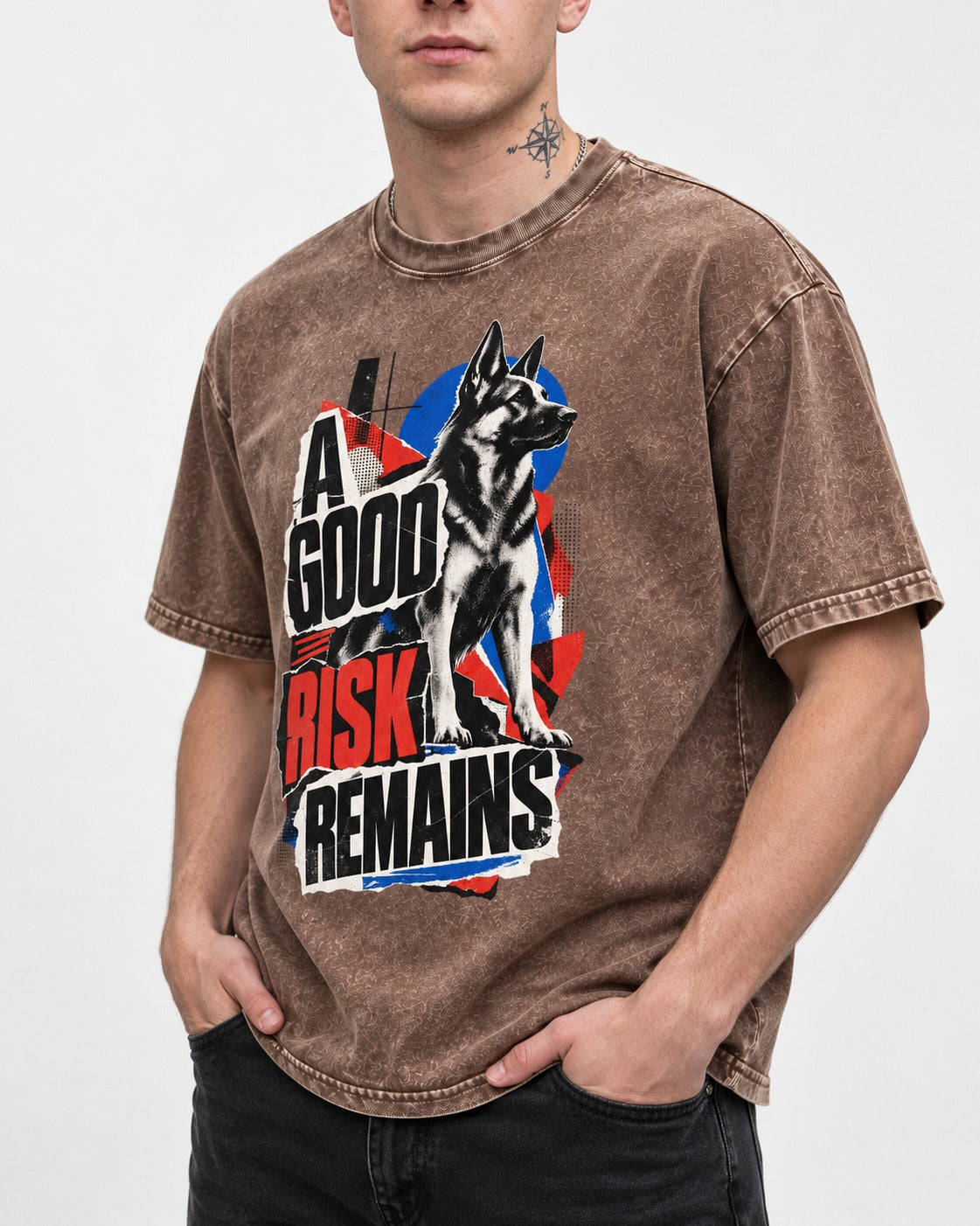 A Good Risk Remains German Shepherd Dog Washed Tee in Coffee, worn by a model, front view