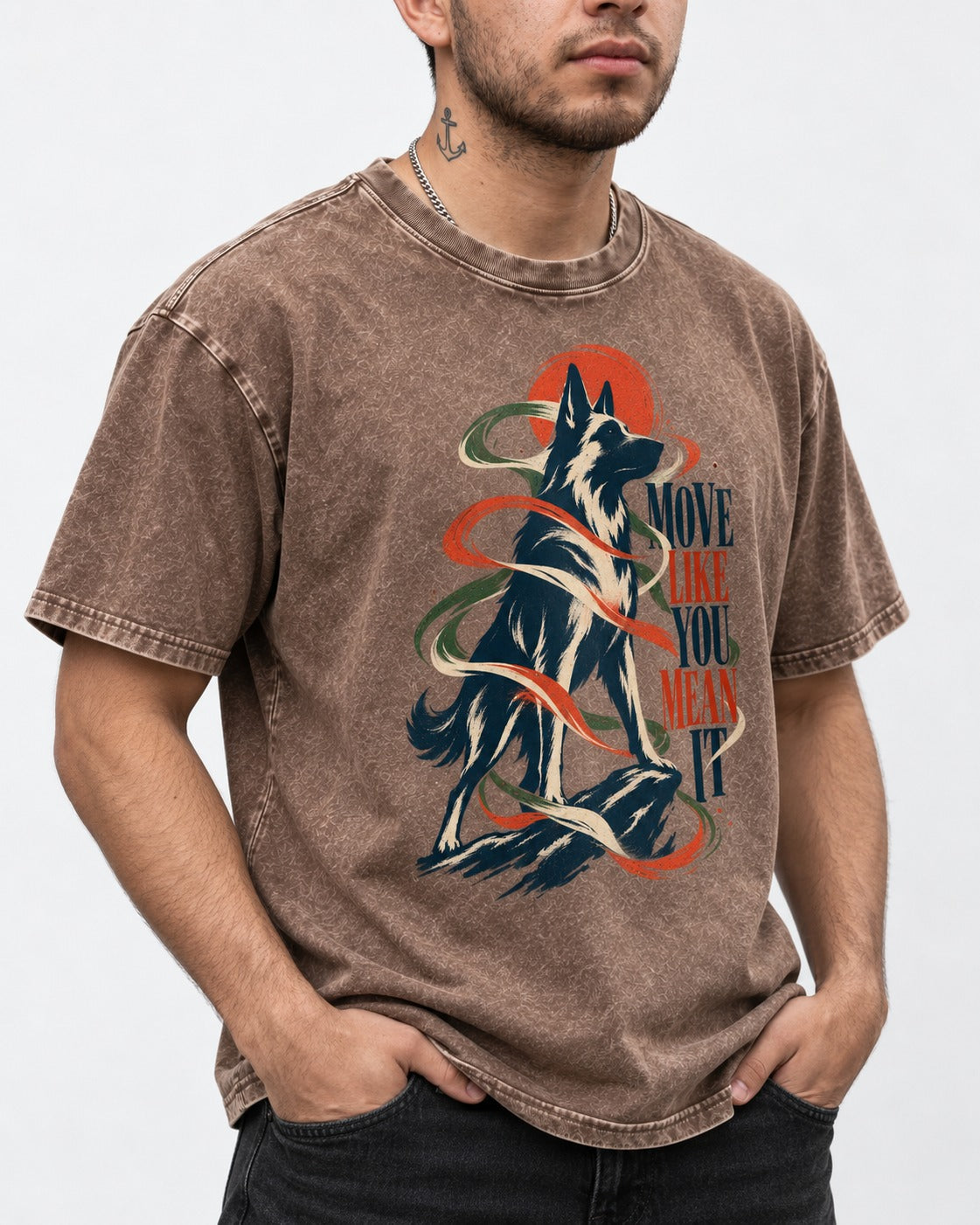 German Shepherd Dog Mean It Washed Tee in Coffee, worn by a model, front view
