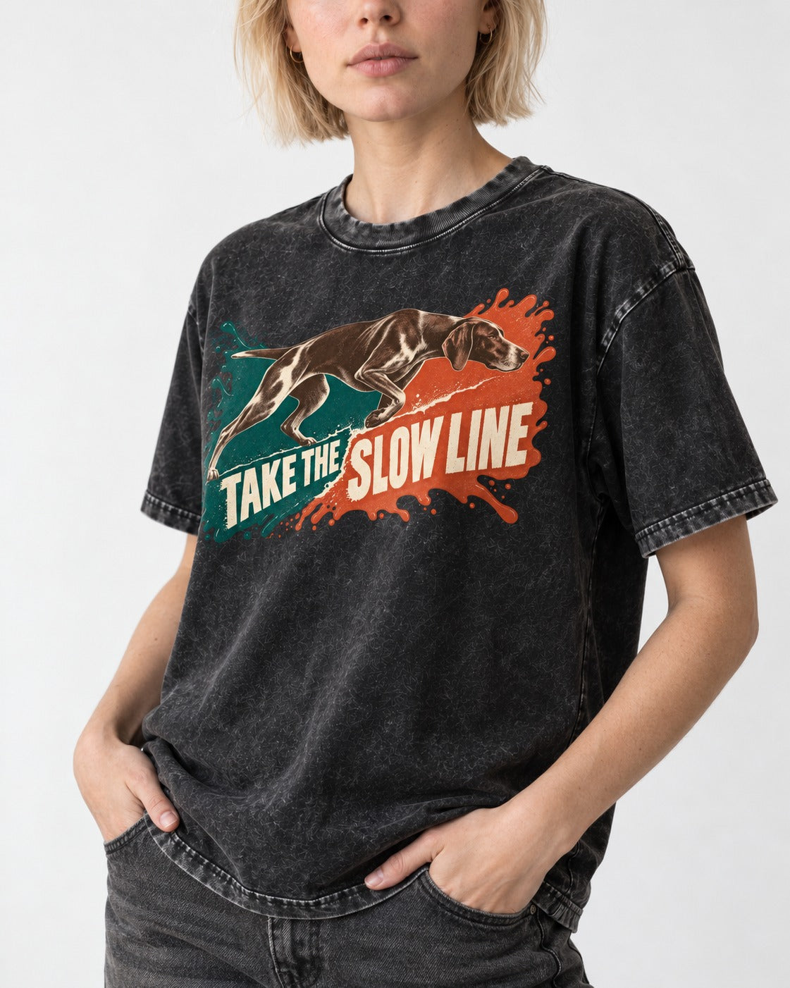 German Shorthaired Pointer Take The Slow Line Paint Splash Graphic Washed Tee in Black, worn by a model, front view