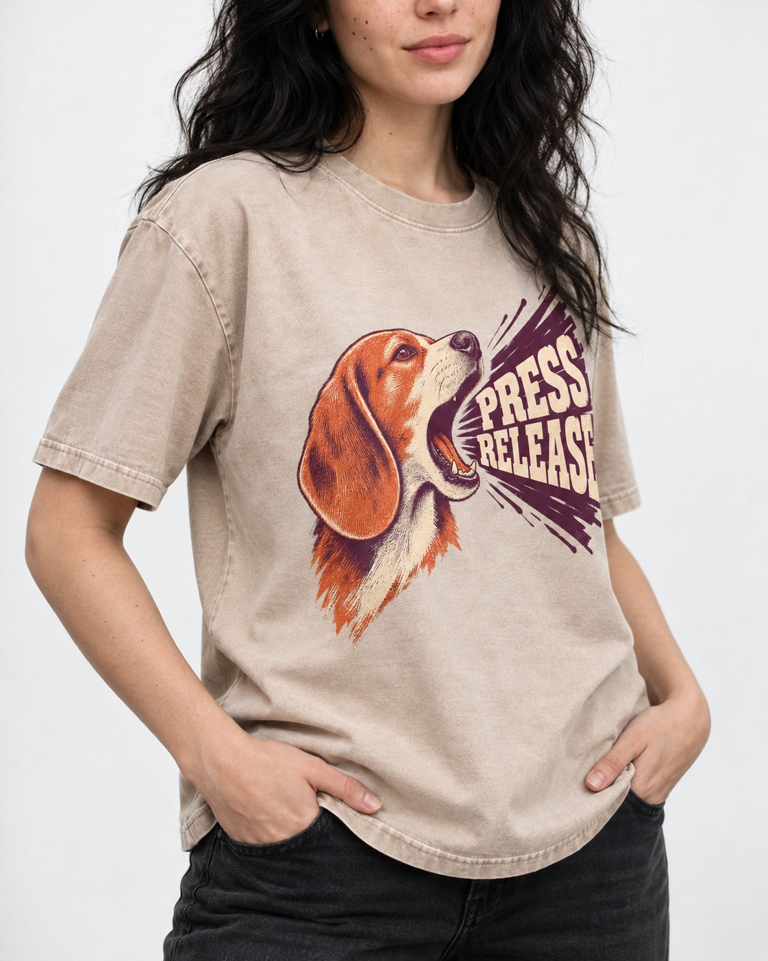 Beagle Press Release Washed Tee in Apricot, worn by a model, front view