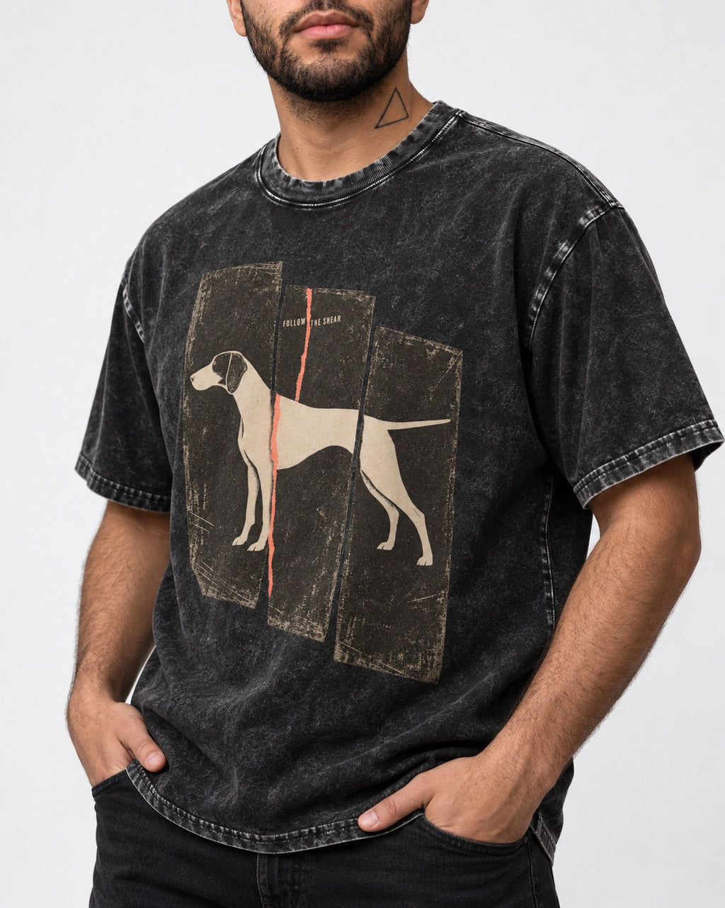 German Shorthaired Pointer Follow The Shear Split Panel Graphic Washed Tee in Black, worn by a model, front view