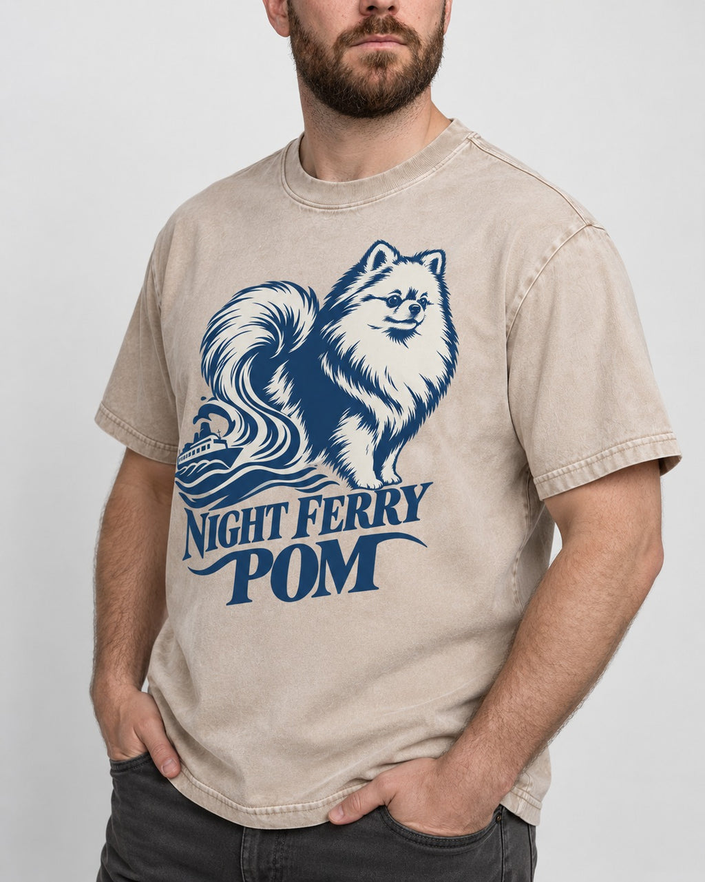 Night Ferry Pomeranian Washed Tee in Apricot, worn by a model, front view