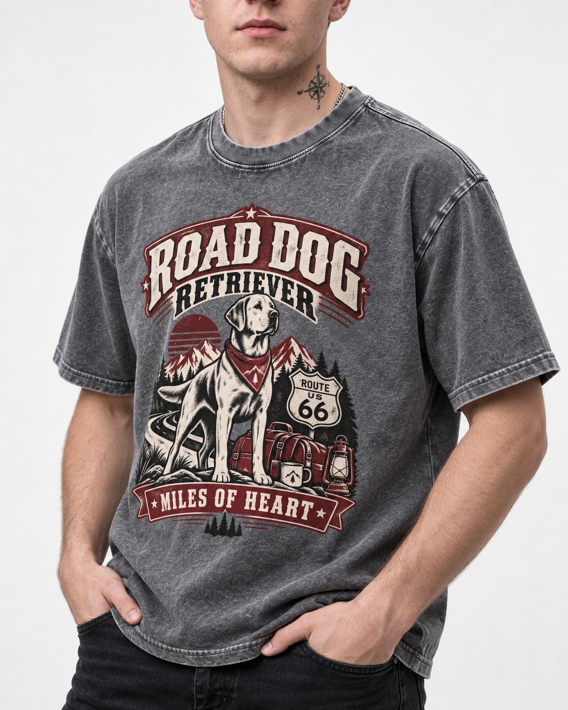 Labrador Retriever Road Dog Miles of Heart Route 66 Graphic Washed Tee in Gray, worn by a model, front view