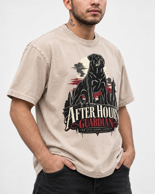 After Hours Rottweiler Guardian Washed Tee in Apricot, worn by a model, front view