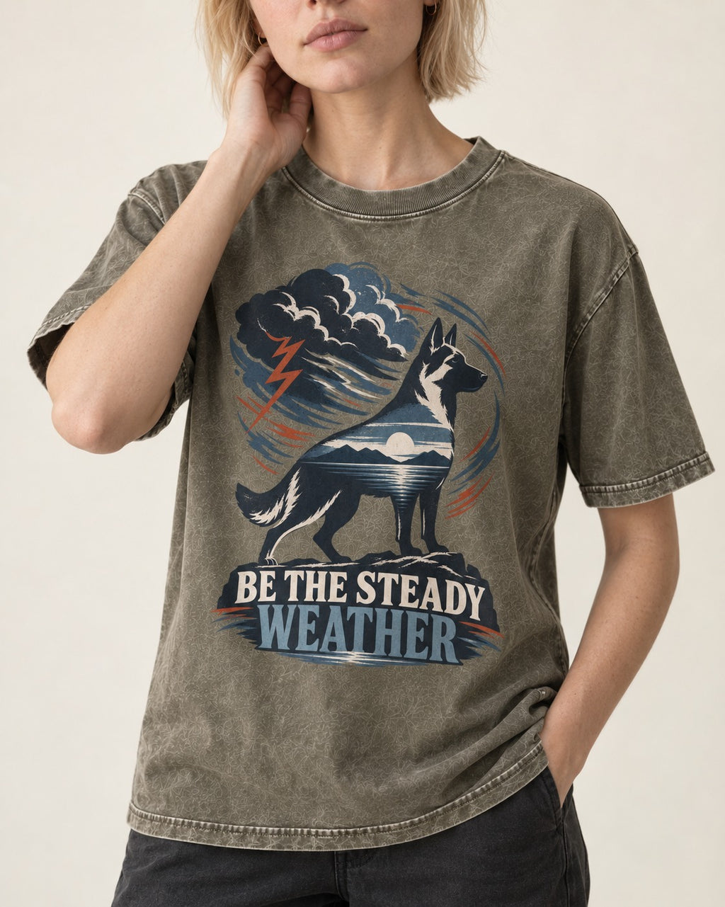 Be the Steady Weather Storm German Shepherd Dog Graphic Washed Tee in Army Green, worn by a model, front view