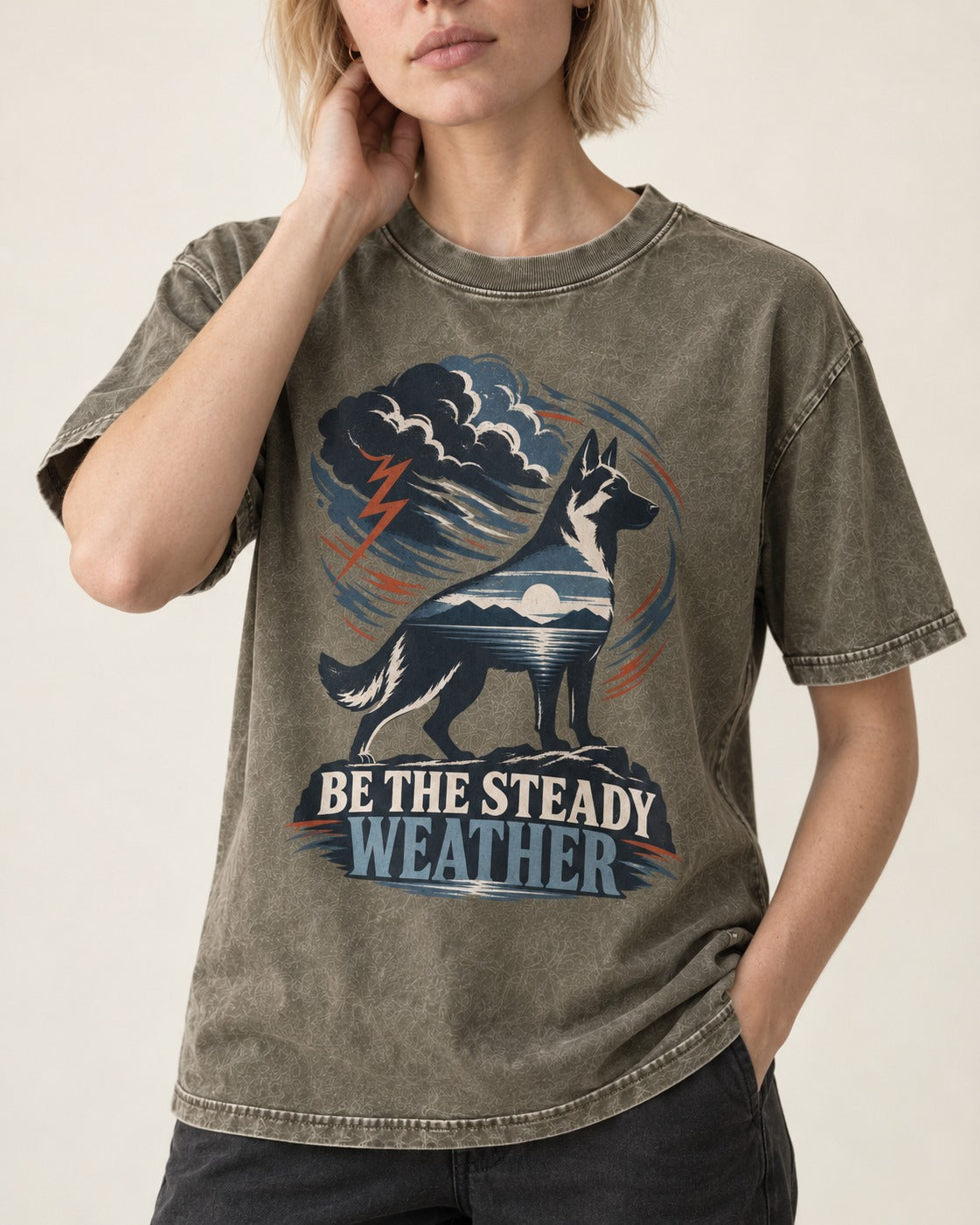 Be the Steady Weather Storm German Shepherd Dog Graphic Washed Tee in Army Green, worn by a model, front view