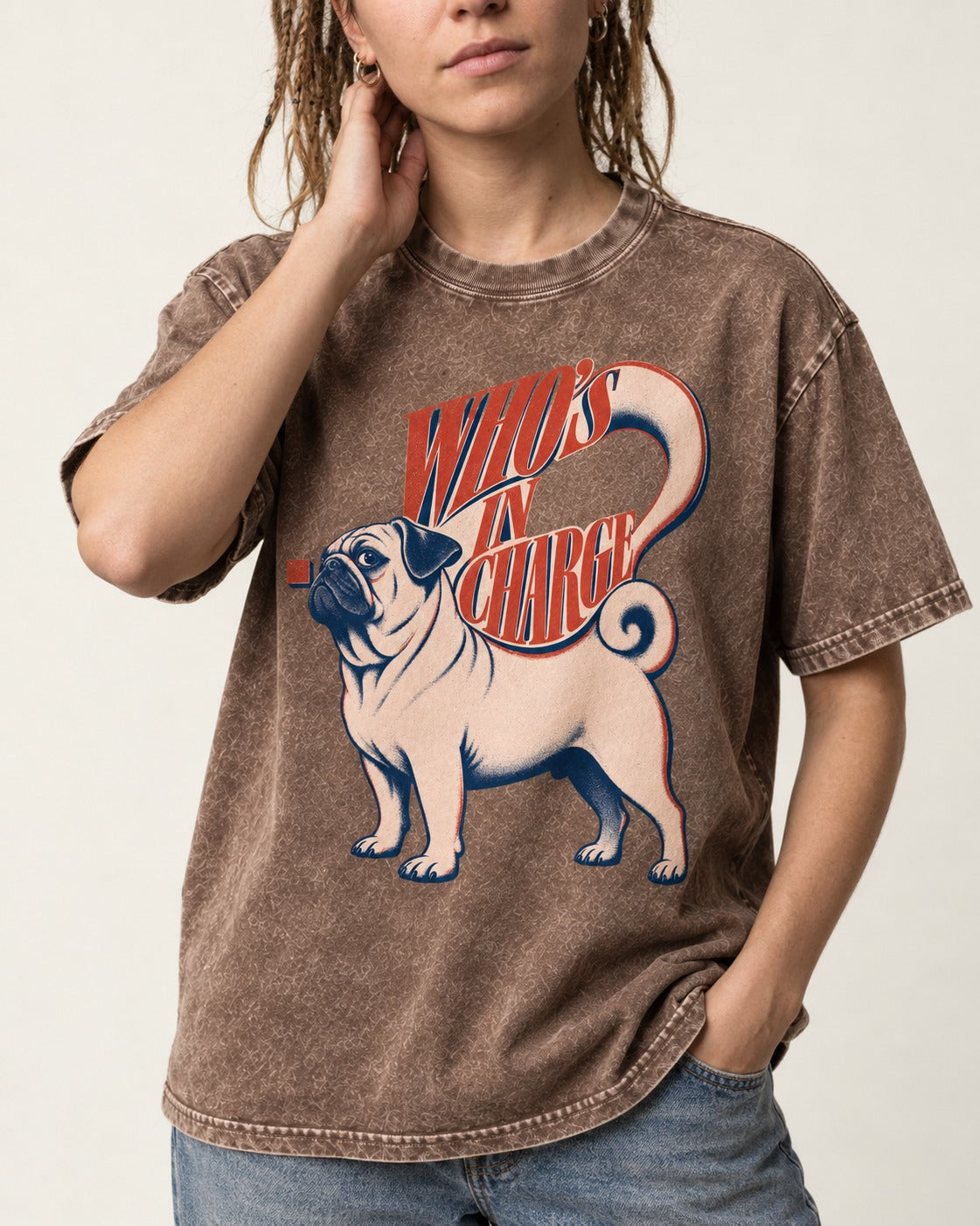 Pug In Charge Washed Tee in Coffee, worn by a model, front view