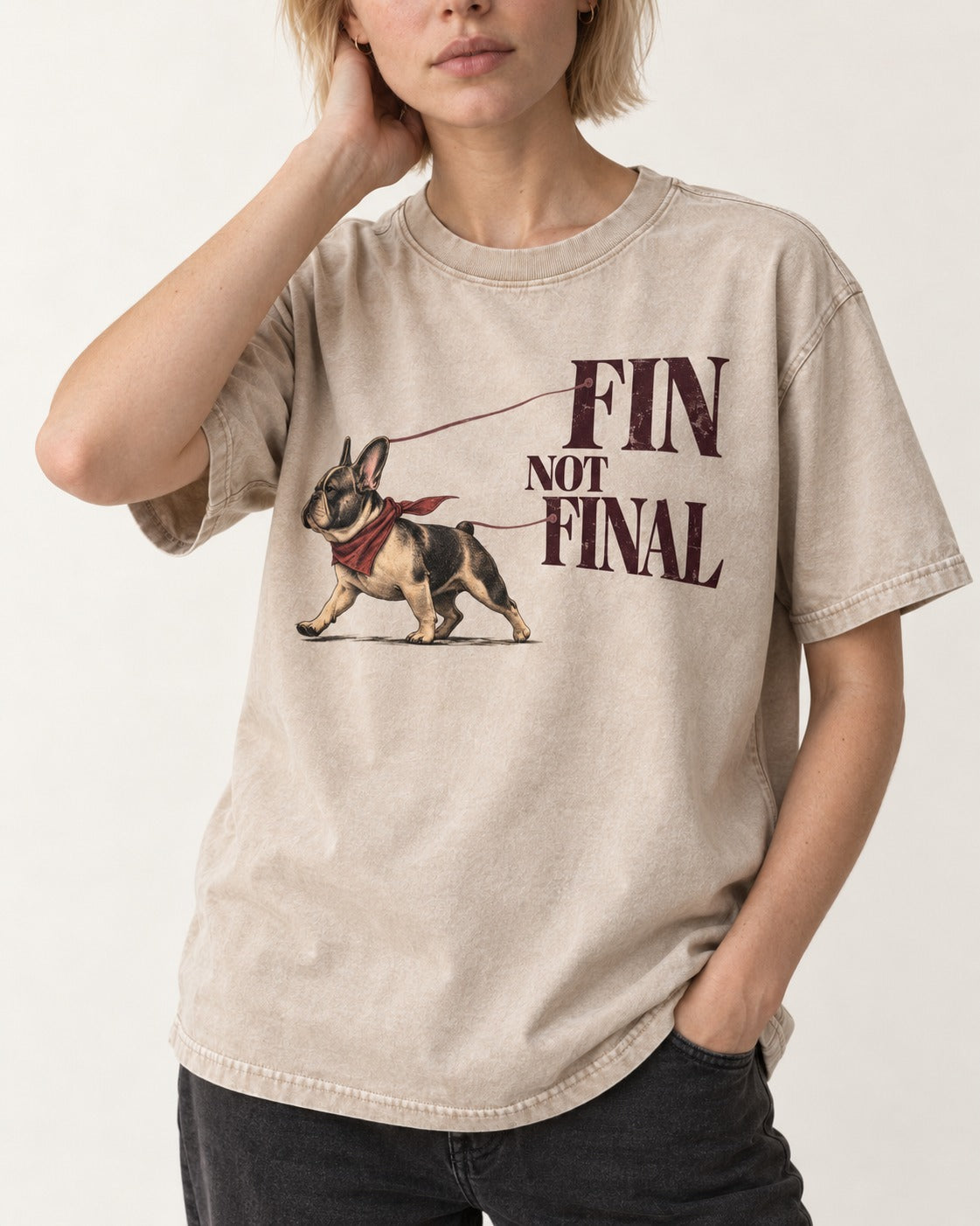 Frenchie Fin Not Final Washed Tee in Apricot, worn by a model, front view