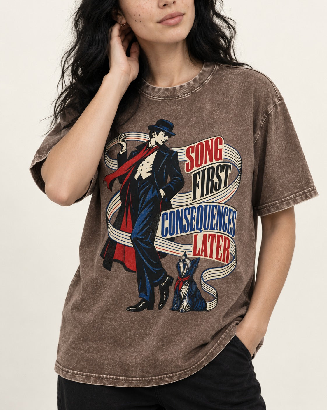 Yorkshire Terrier Song First Consequences Later Washed Tee in Coffee, worn by a model, front view