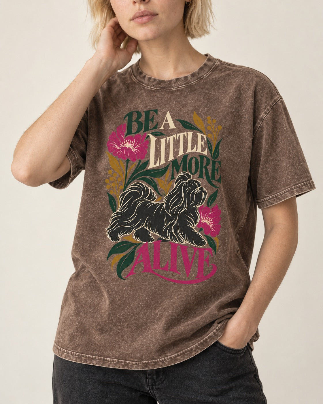 Shih Tzu Be a Little More Alive Botanical Graphic Washed Tee in Coffee, worn by a model, front view